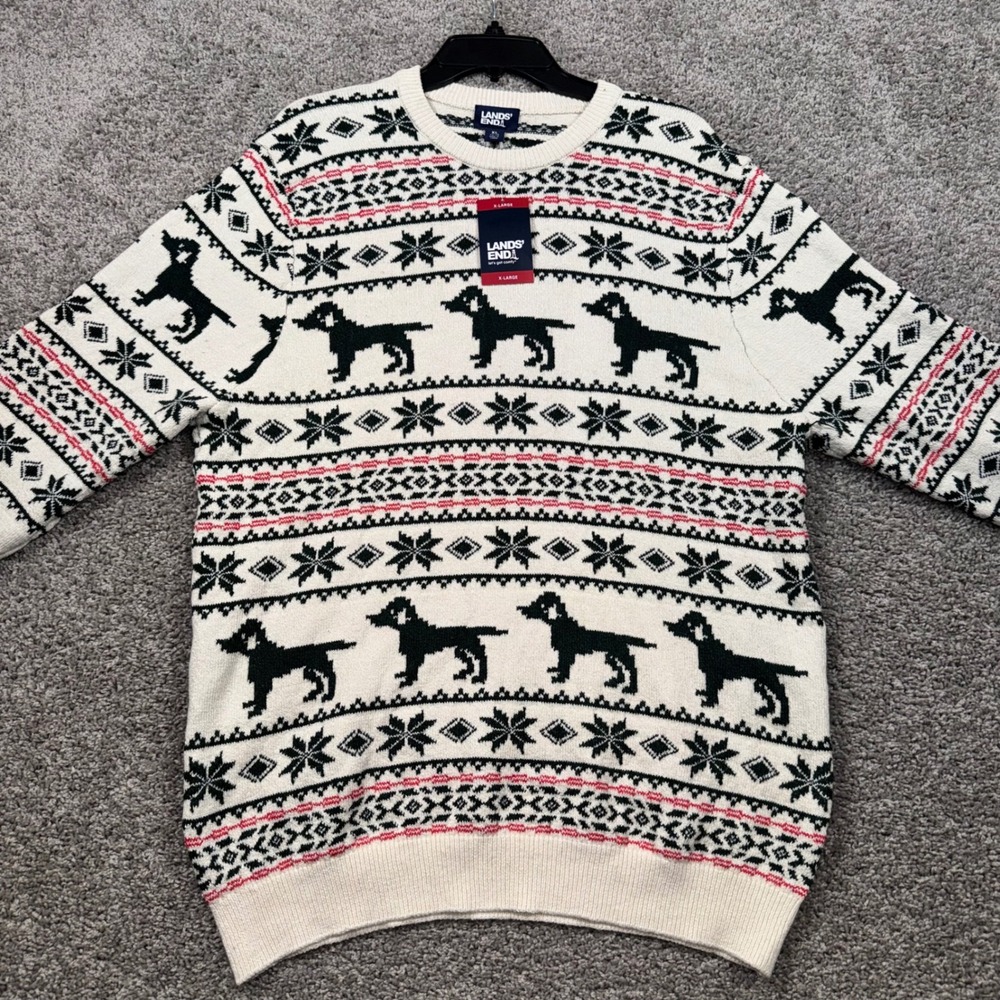 Lands End Fair Isle Sweater Mens Dog Snowflake Stretch Ivory XL NEW